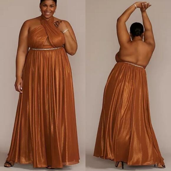 NWT Galina Signature Beaded Belt Chiffon Halter A-Line Bodice Cutout Gown - 22 - Picture 1 of 16